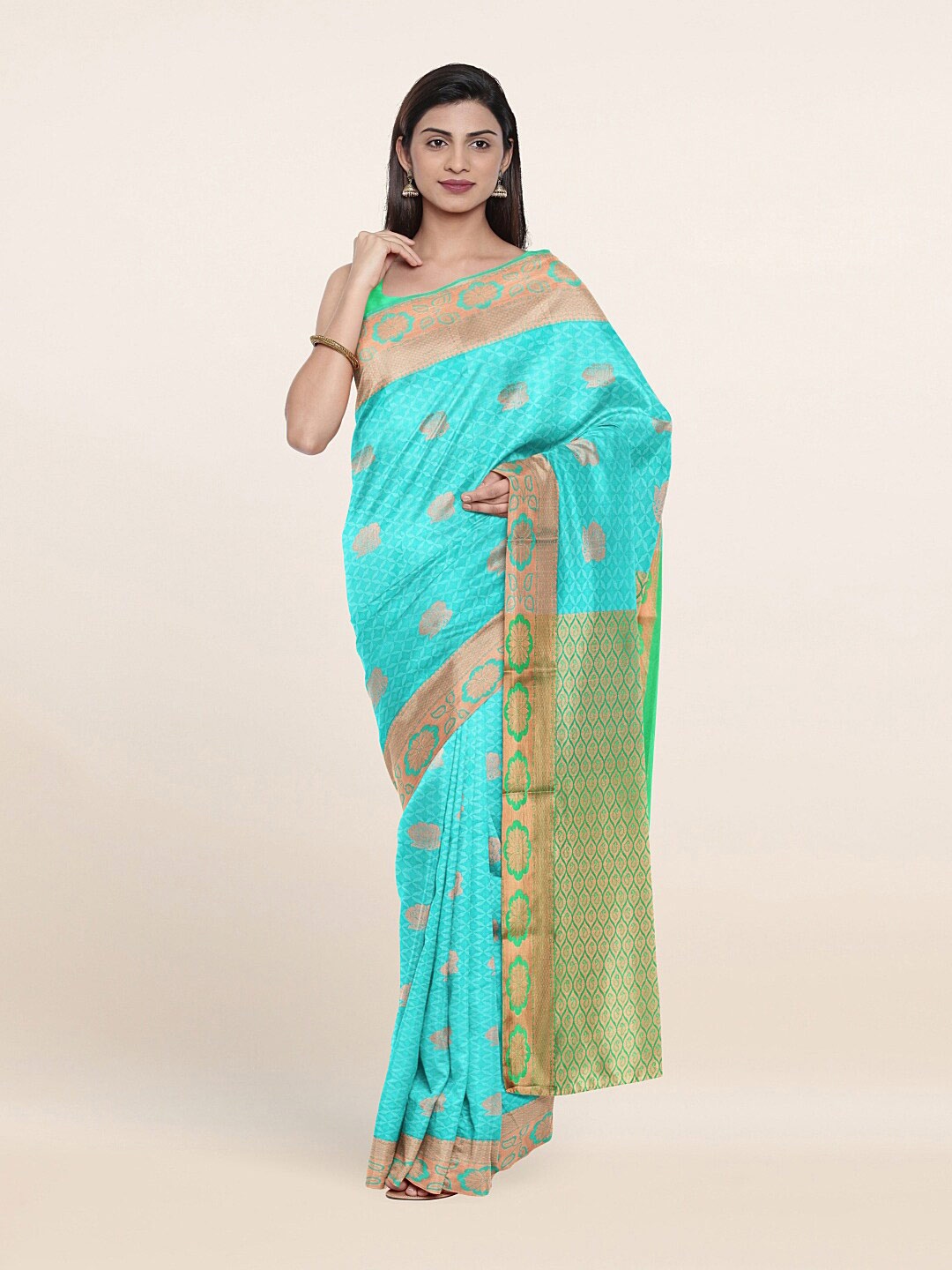 

Pothys Turquoise Blue & Green Ethnic Motifs Zari Art Silk Saree