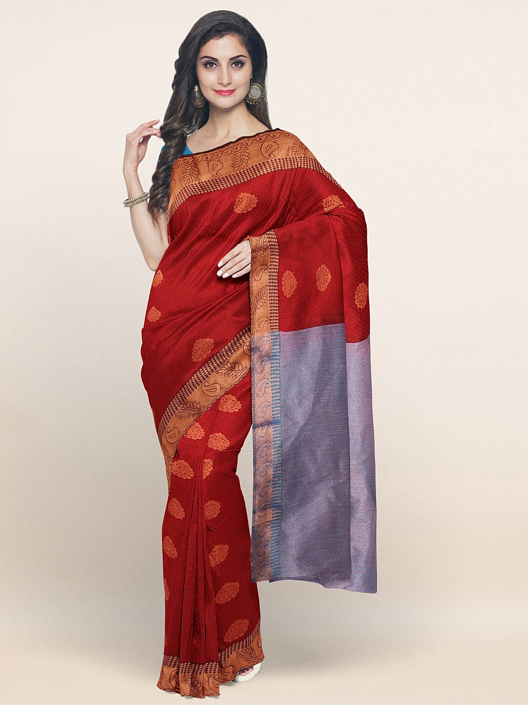 

Pothys Maroon & Gold-Toned Ethnic Motifs Zari Art Silk Saree
