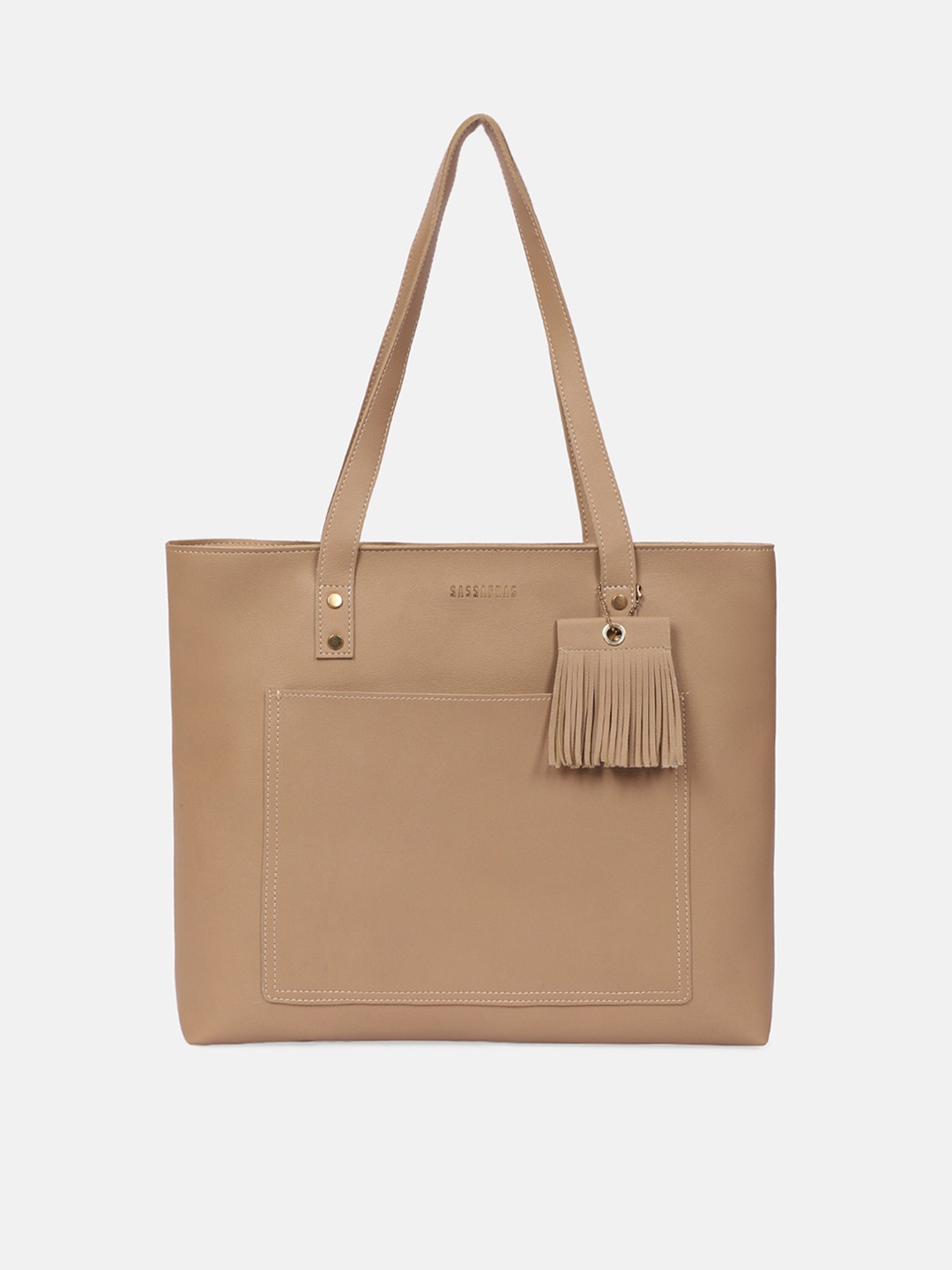 SASSAFRAS Beige PU Oversized Structured Shoulder Bag with Tasselled