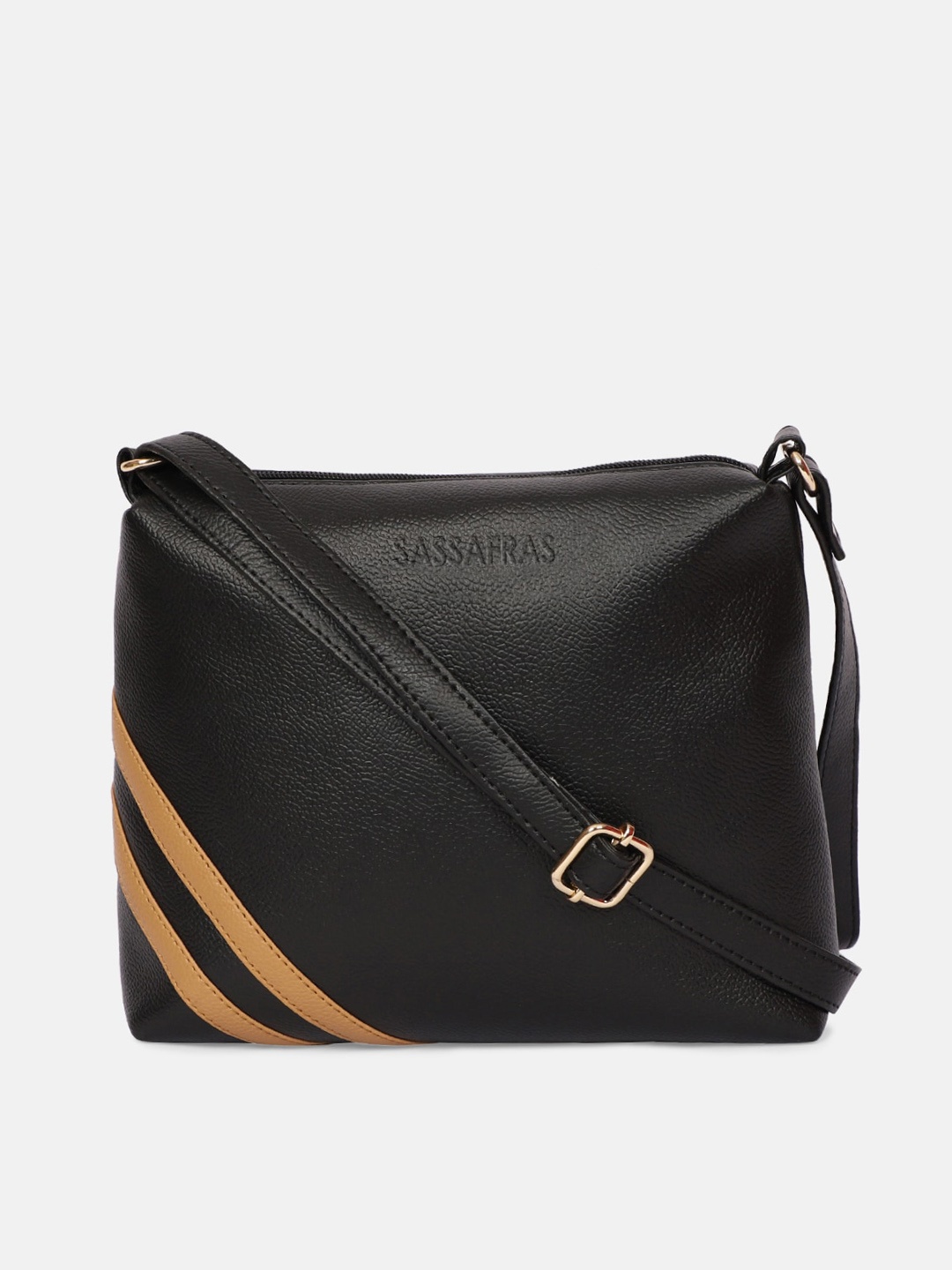 

SASSAFRAS Black & Brown Striped PU Structured Sling Bag