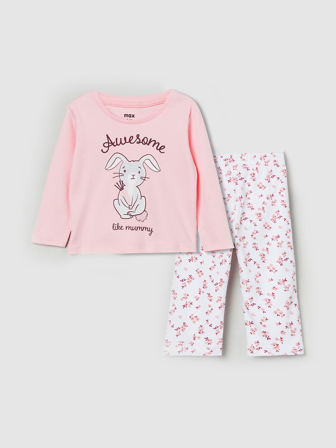 

max Girls Pink & White Printed Pure Cotton T-shirt with Trousers