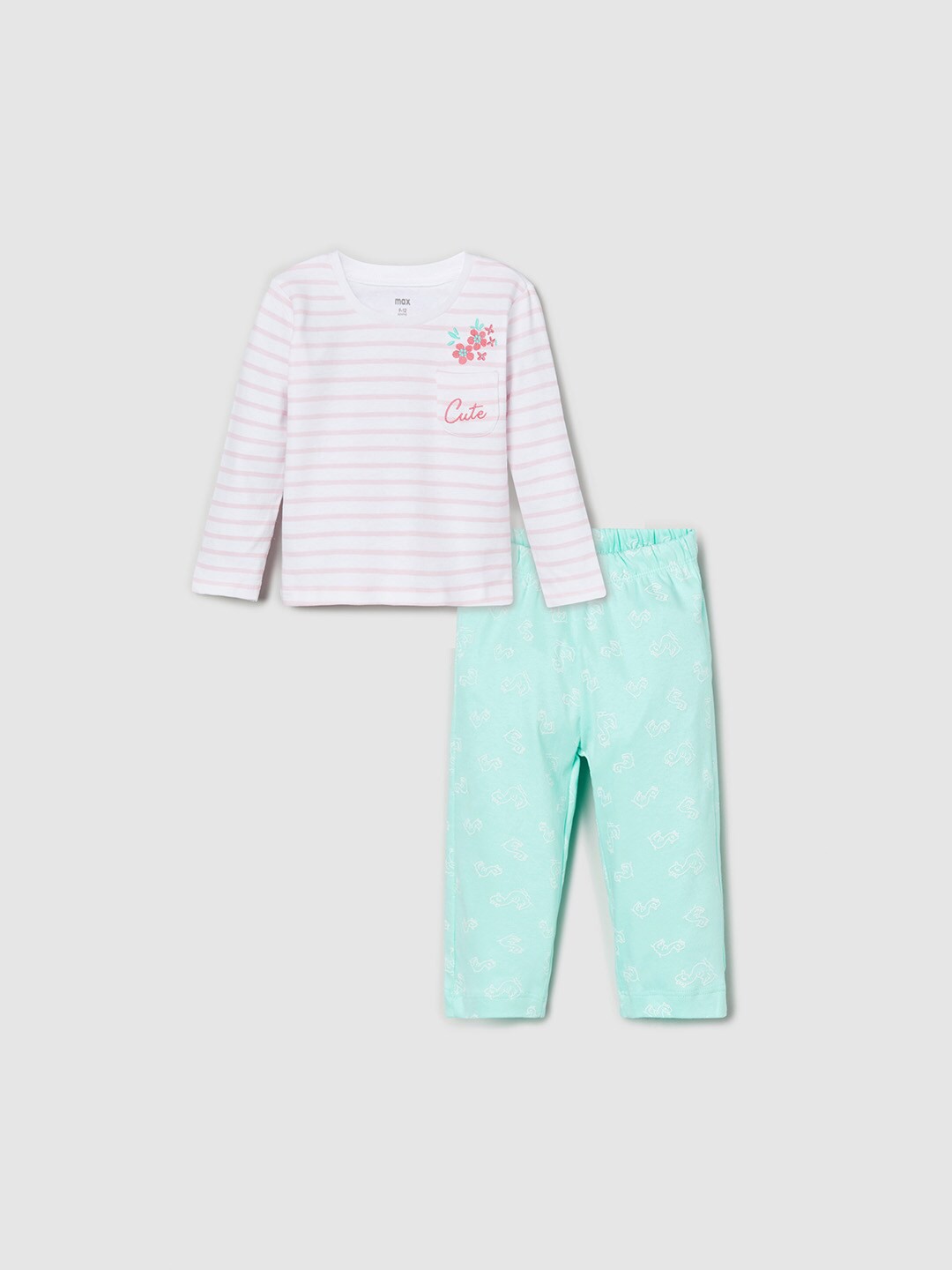 

max Girls Infant White & Teal Pure Cotton Striped Top with Trousers