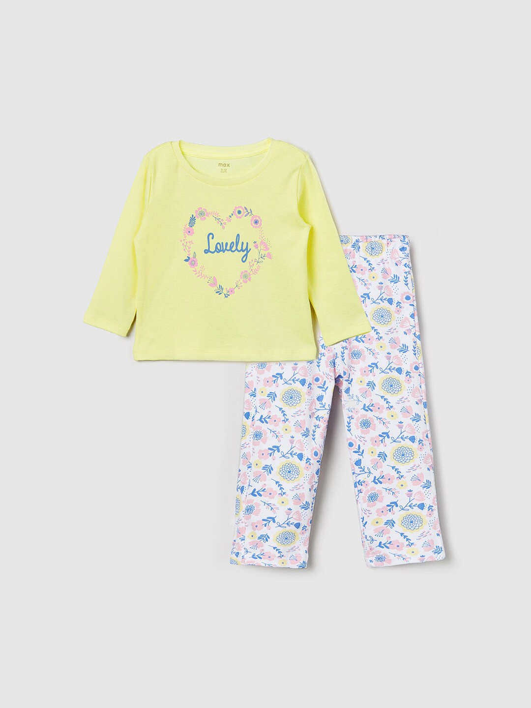 

max Girls Yellow & White Printed Cotton T-shirt with Pyjama