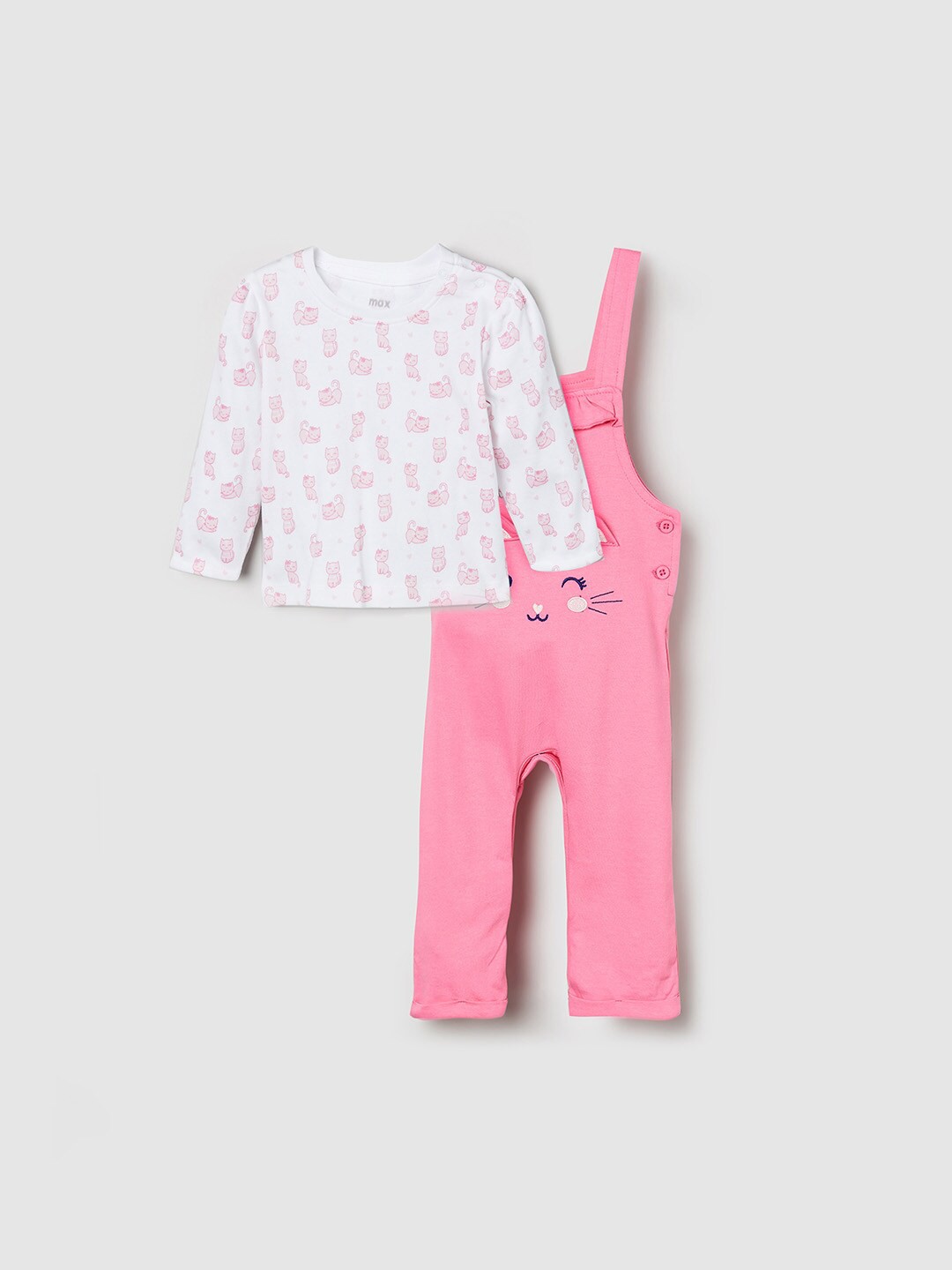 

max Girls Pink & White Solid Dungaree & Printed T-shirt