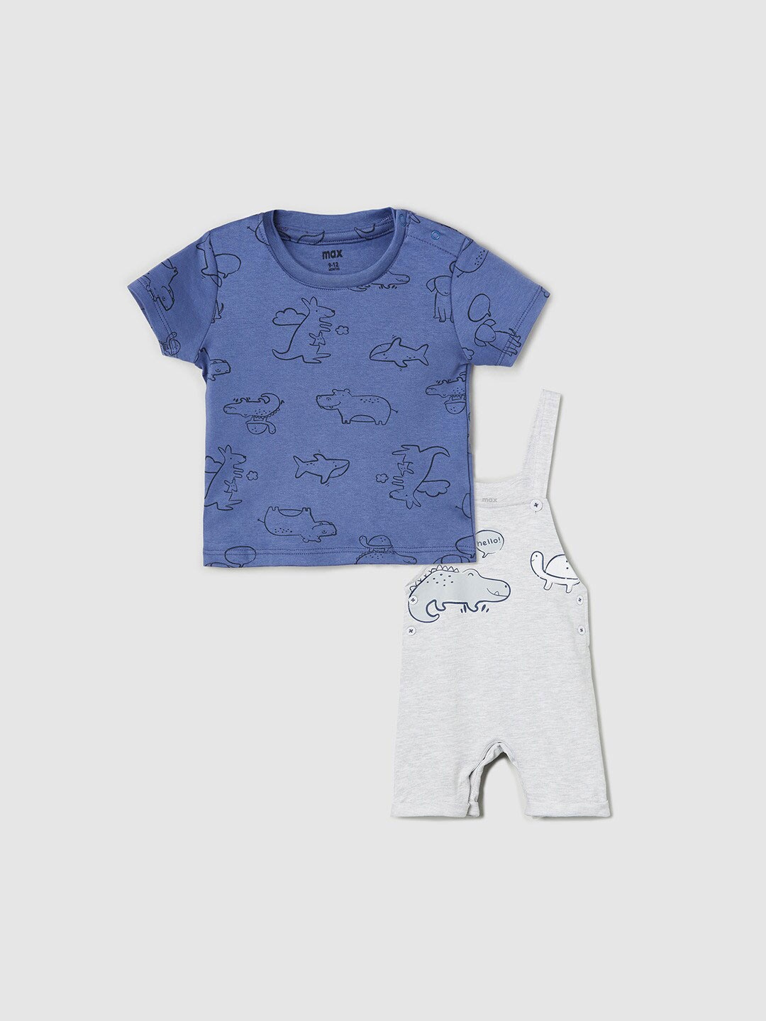 

max Boys Blue & Grey Printed Pure Cotton T-shirt with Dungaree