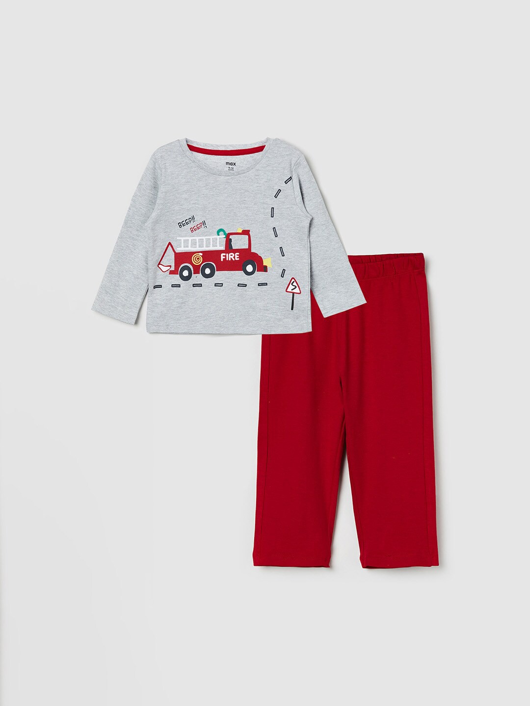 

max Boys Grey & Red Printed Cotton T-shirt with Pyjamas