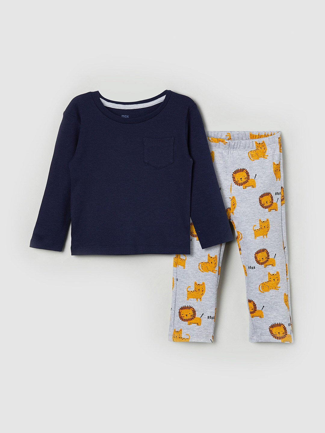 

max Boys Navy Blue & Grey Cotton T-shirt with Trousers