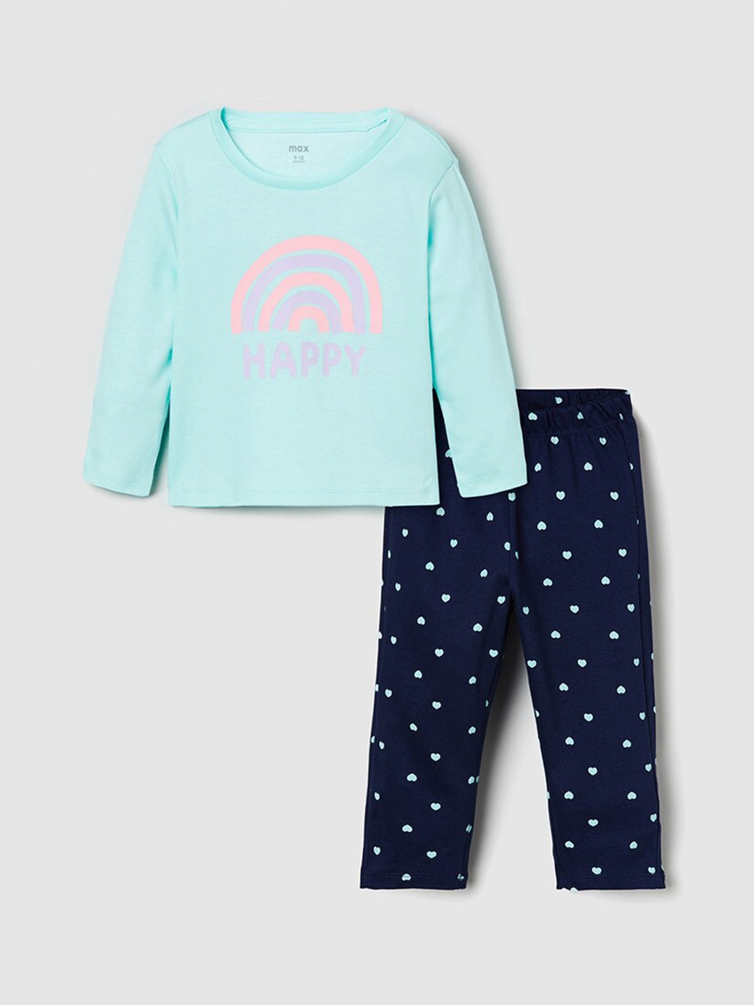 

max Infant Girls Teal & Navy Blue Pure Cotton Printed Top with Trousers