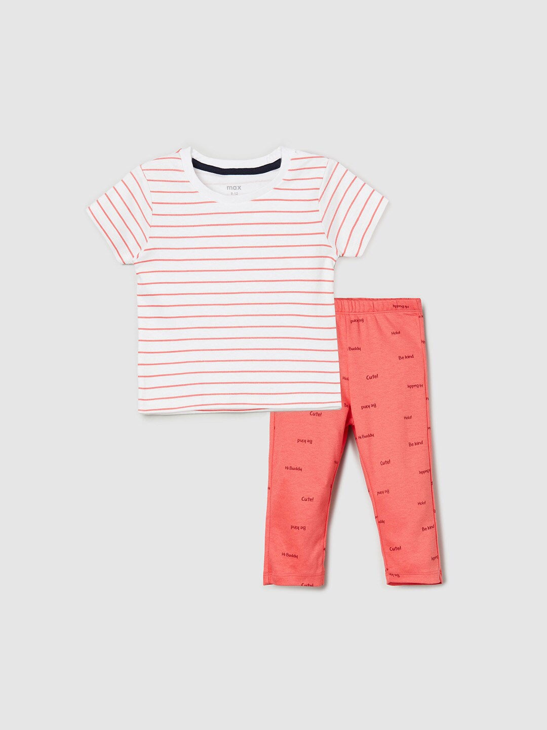 

max Boys White & Coral Orange Striped & Printed Pure Cotton T-shirt with Trousers