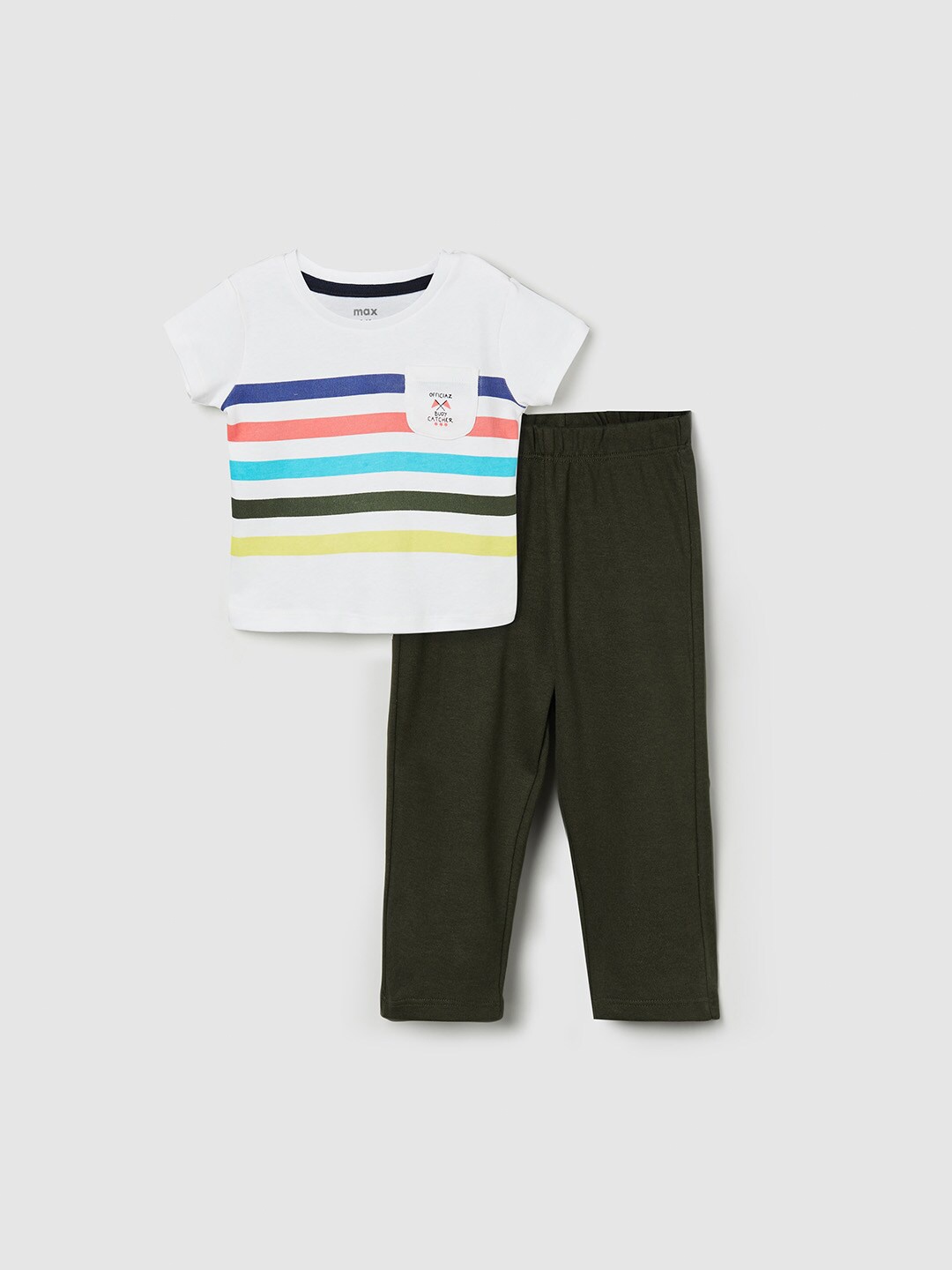 

max Boys White & Olive Green Striped Pure Cotton T-shirt with Trousers