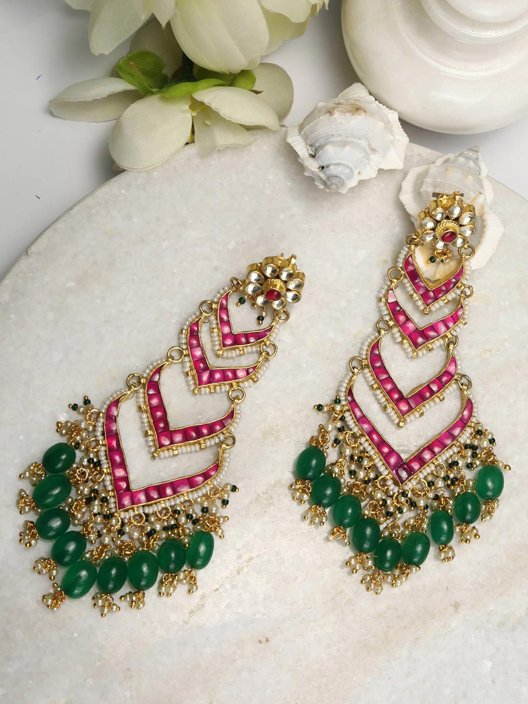 

Priyaasi Gold Plated Pink & Green Ruby Emerald Beads Kundan Contemporary Drop Earrings