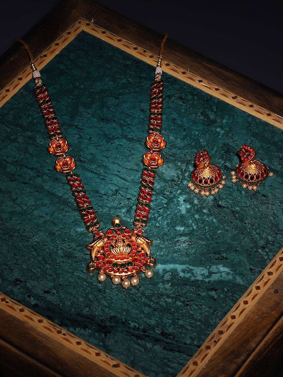 

Priyaasi Gold-Plated Ruby and Emerald Studded Temple Jewellery Set