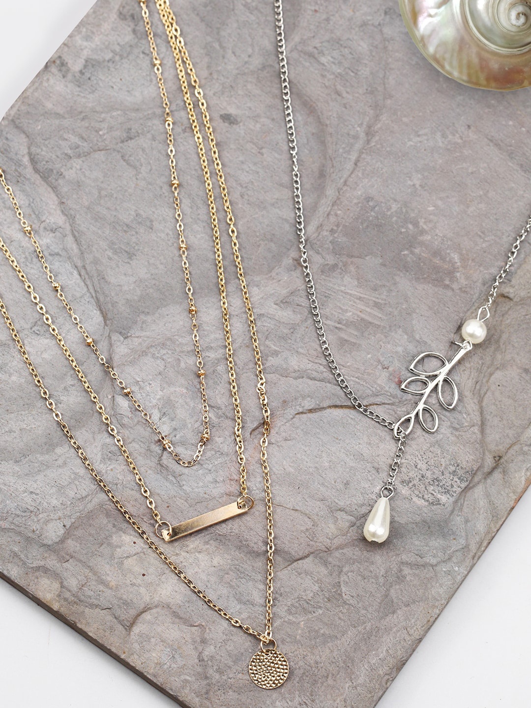 

Priyaasi Pack of 2 Gold-Plated & Silver-Plated Layered Necklace With Pearl