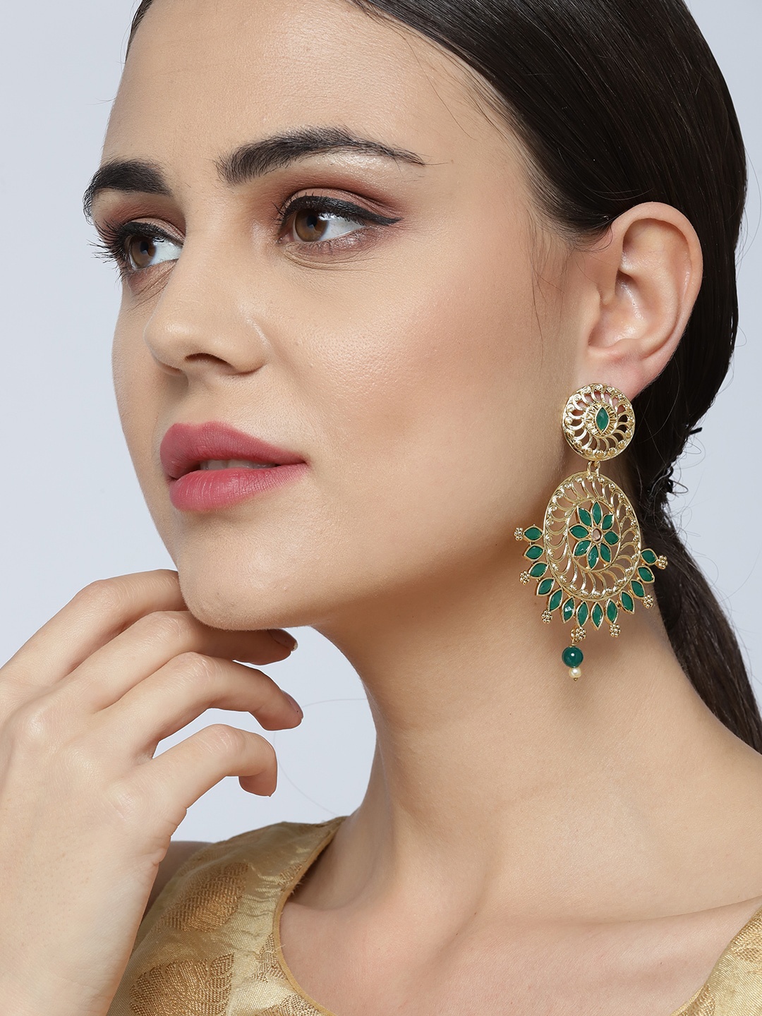 

Priyaasi Green & Gold-Toned Stone Studded Contemporary Drop Earrings