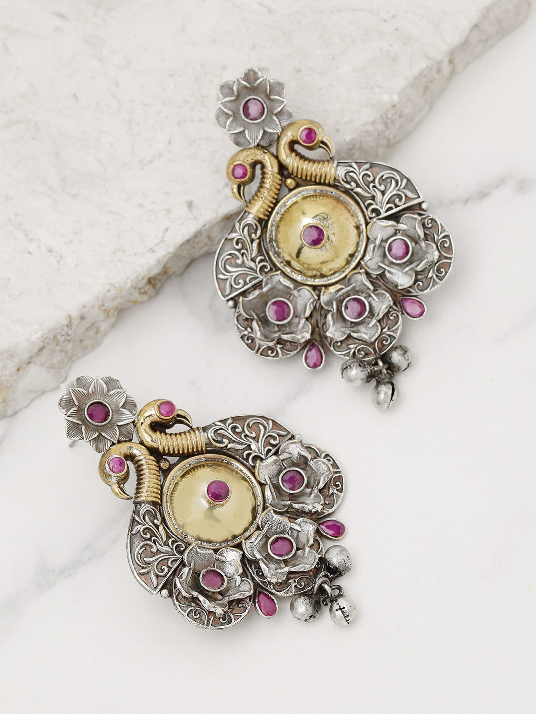 

Priyaasi Gold-Toned & Magenta Peacock Shaped Oxidized Dual-Toned Drop Earrings