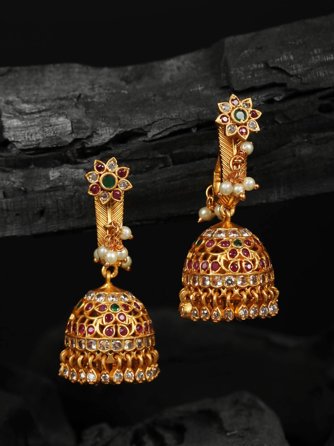 

Priyaasi Gold-Plated Pink & White Dome Shaped Jhumkas