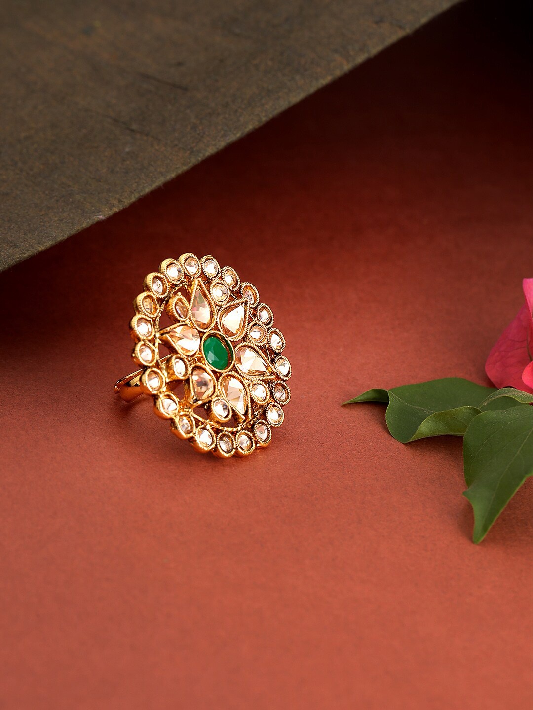 

Priyaasi Gold-Plated Green & White Stone Studded Floral Designed Finger Ring