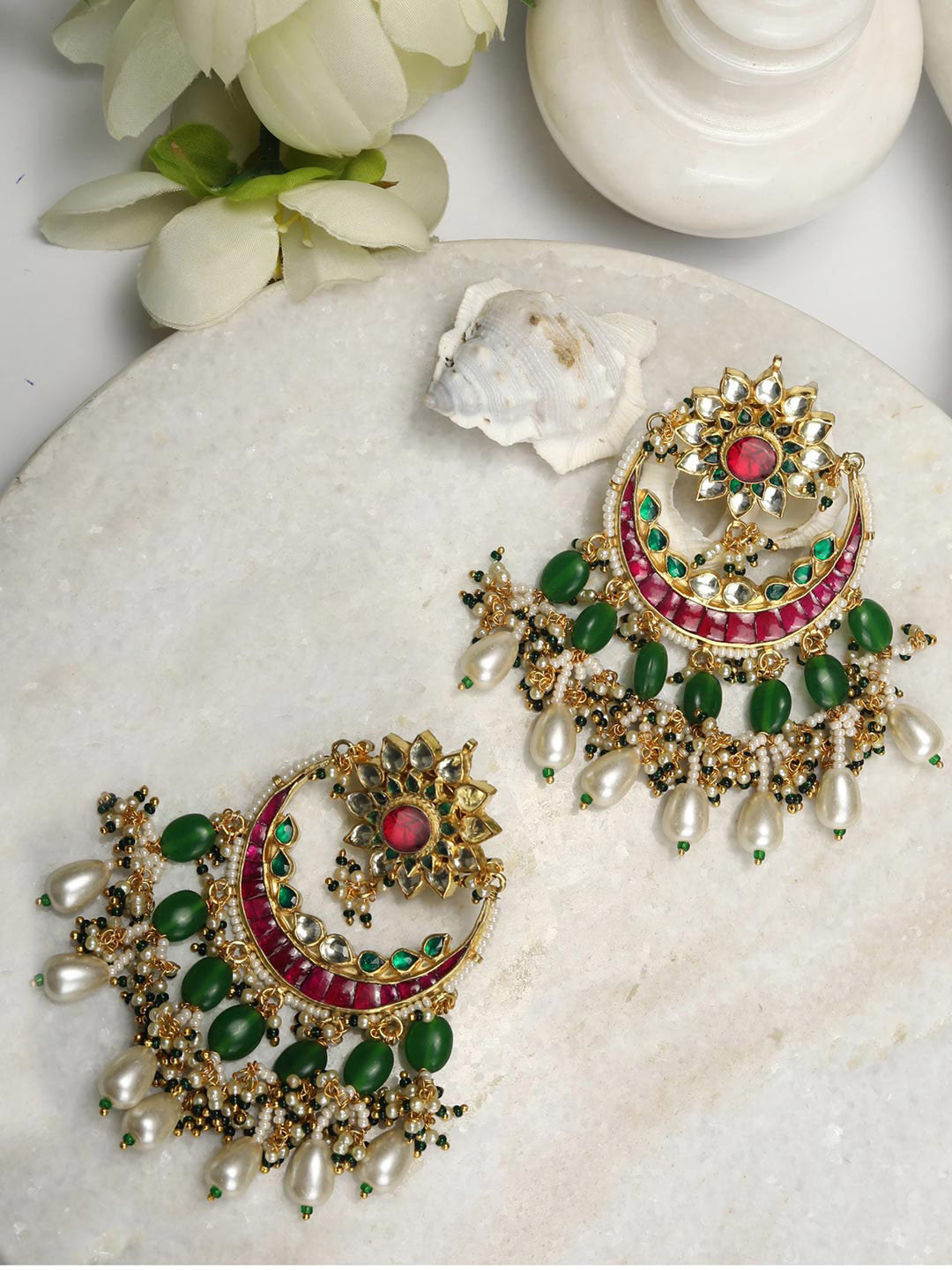 

Priyaasi Gold-plated & Green Crescent Shaped Chandbalis Earrings