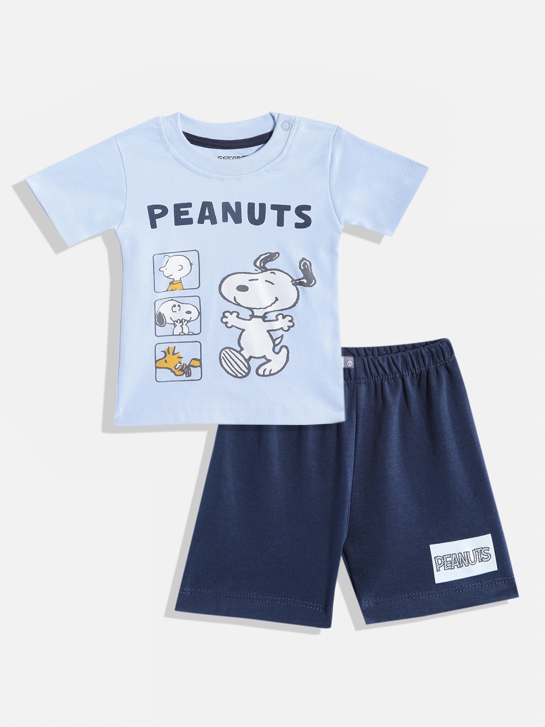 

TINYO Infant Boys Blue & White Snoopy Printed Cotton T-shirt with Shorts