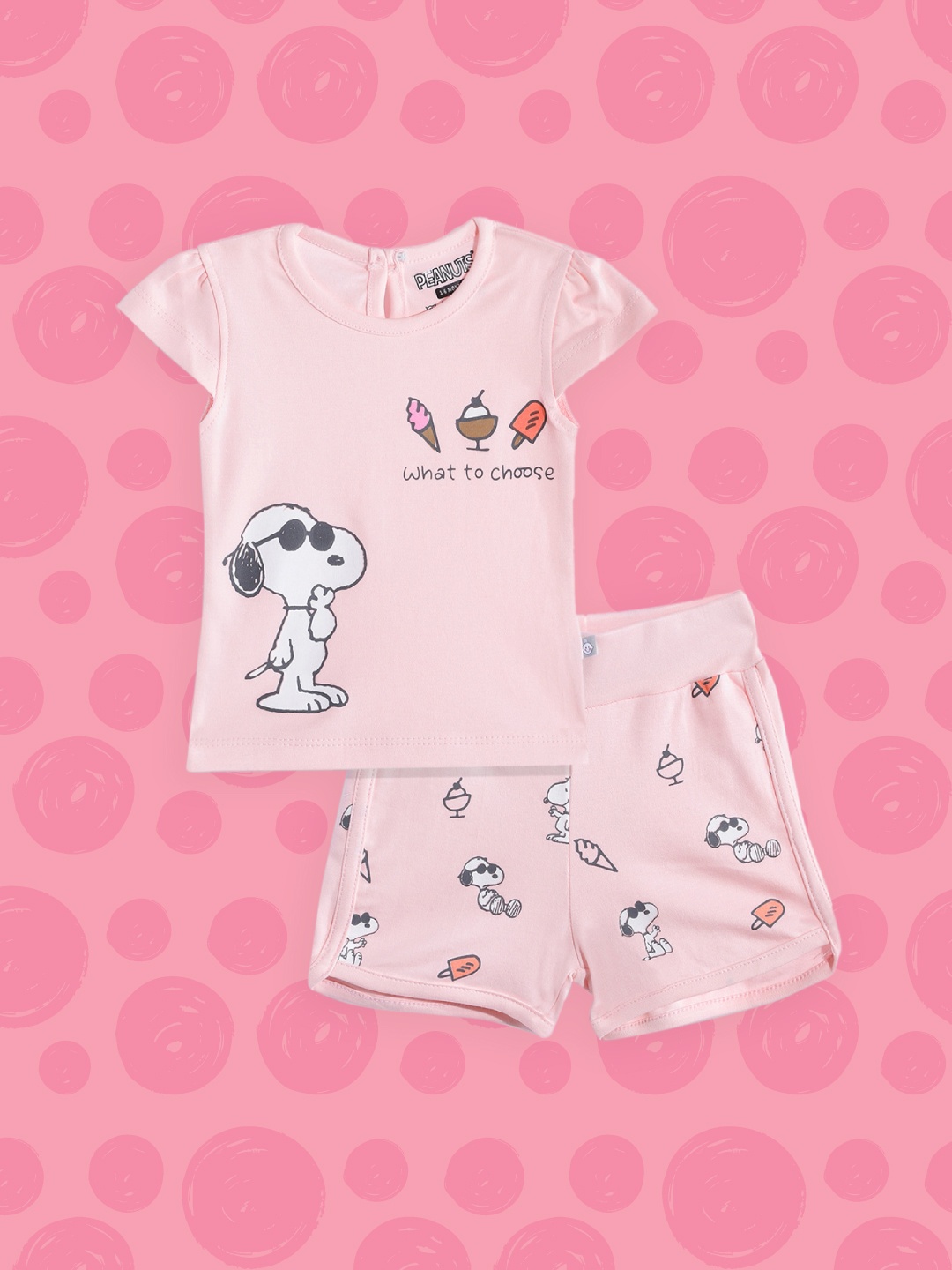 

TINYO Girls Pink & White Pure Cotton Peanuts Print Top with Shorts