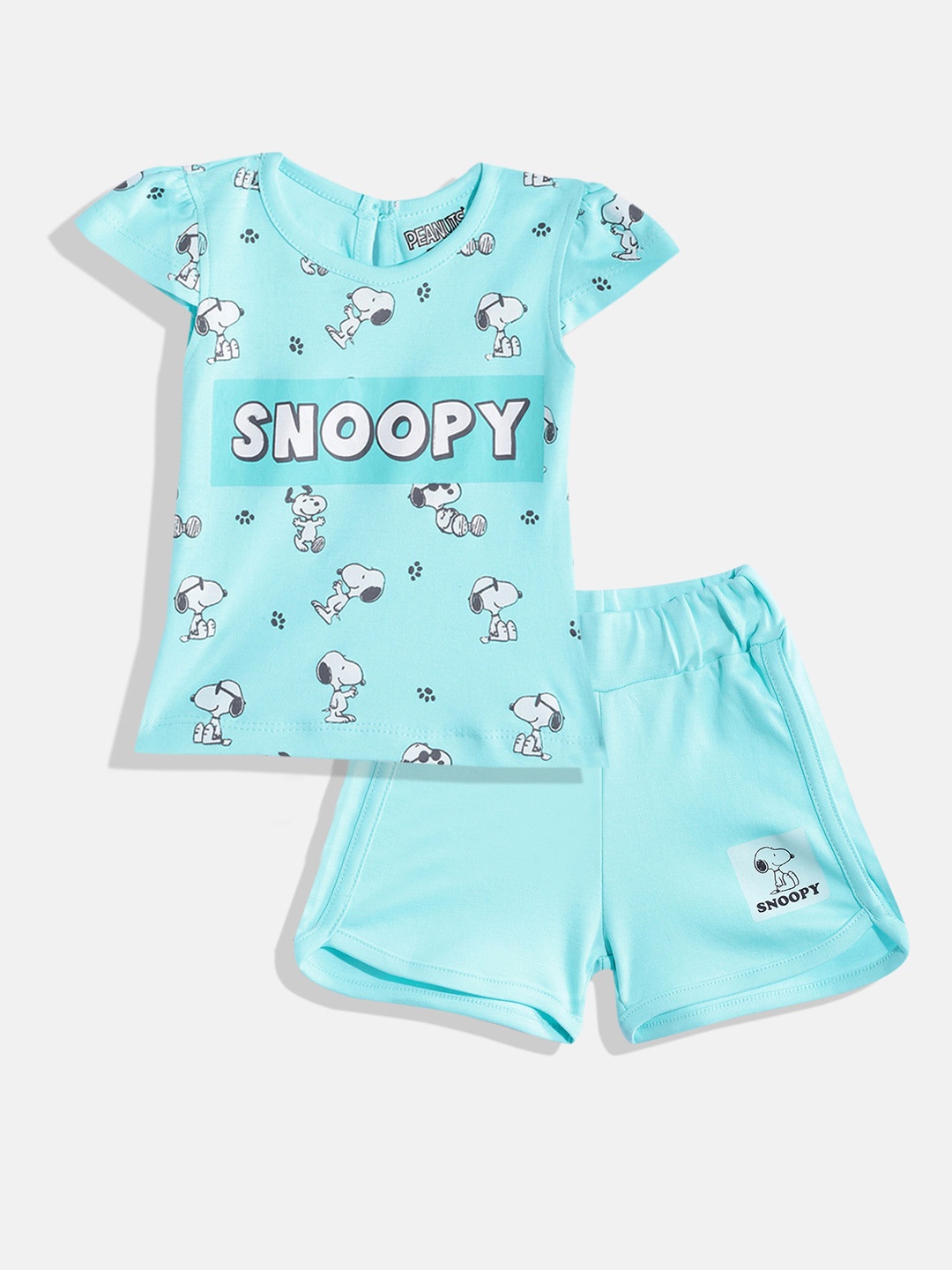 

TINYO Girls Blue & White Pure Cotton Snoopy Print Top with Shorts