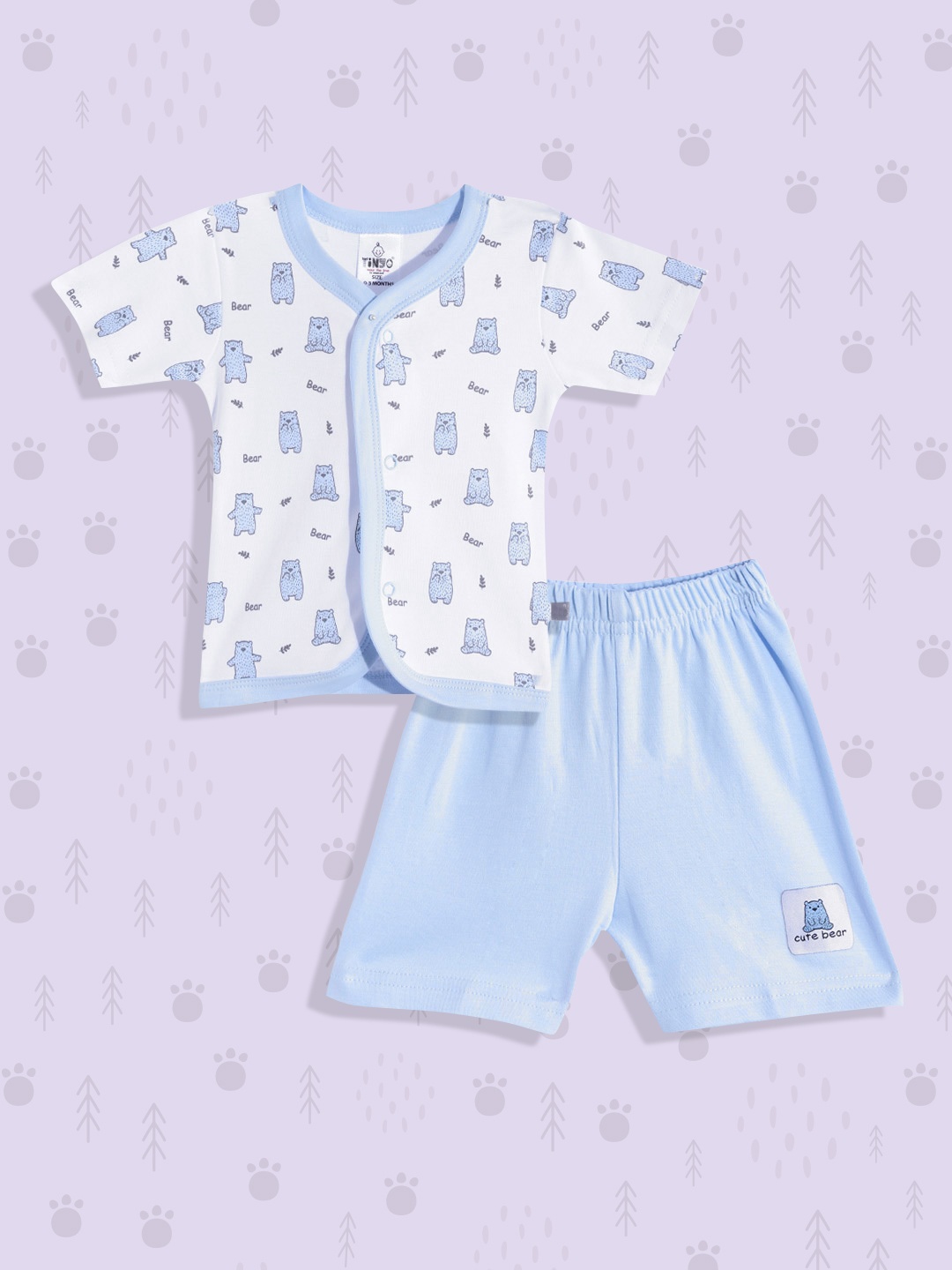 

TINYO Infant Kids White & Blue Printed Pure Cotton T-shirt with Shorts