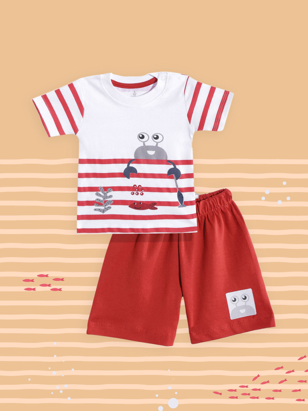 

TINYO Infant Boys White & Red Striped Cotton T-shirt with Shorts