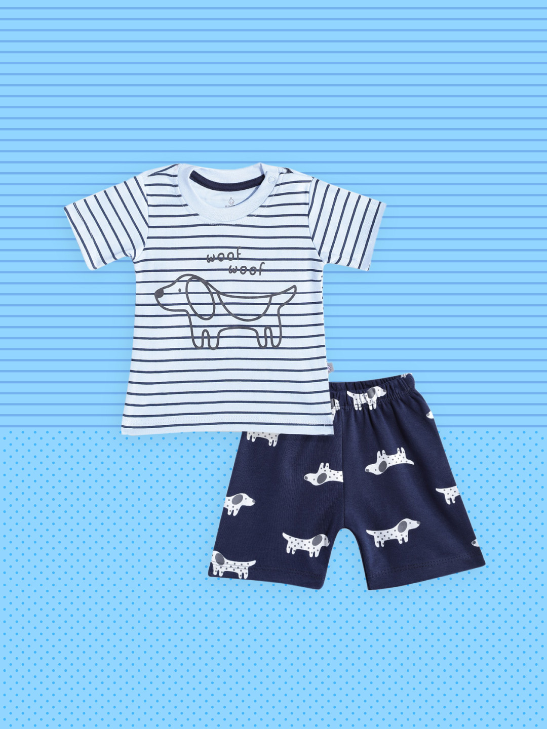 

TINYO Infant Boys Blue & White Pure Cotton Striped T-shirt with Shorts