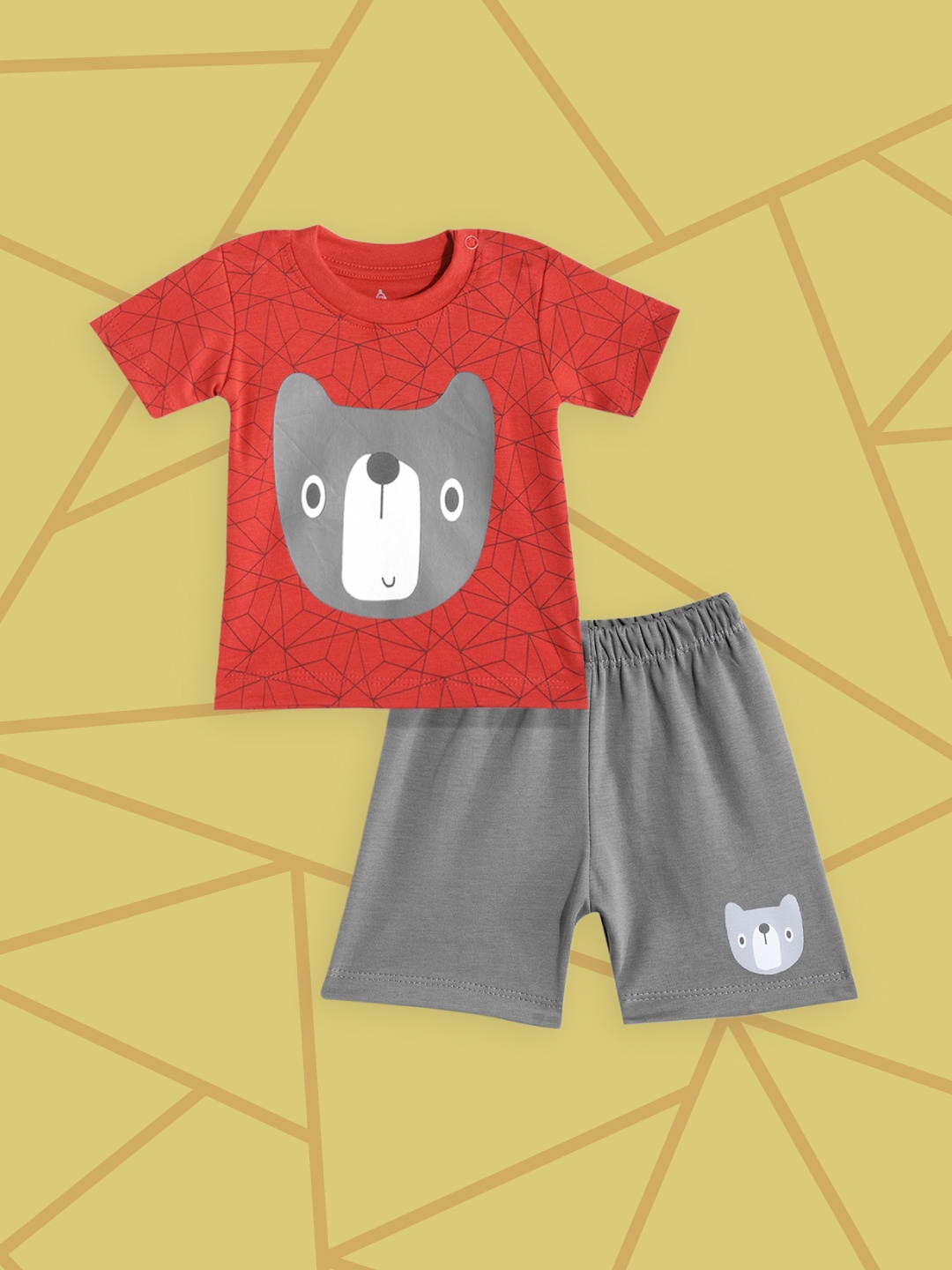 

TINYO Infant Boys Maroon & Charcoal Grey Pure Cotton Printed T-shirt with Shorts