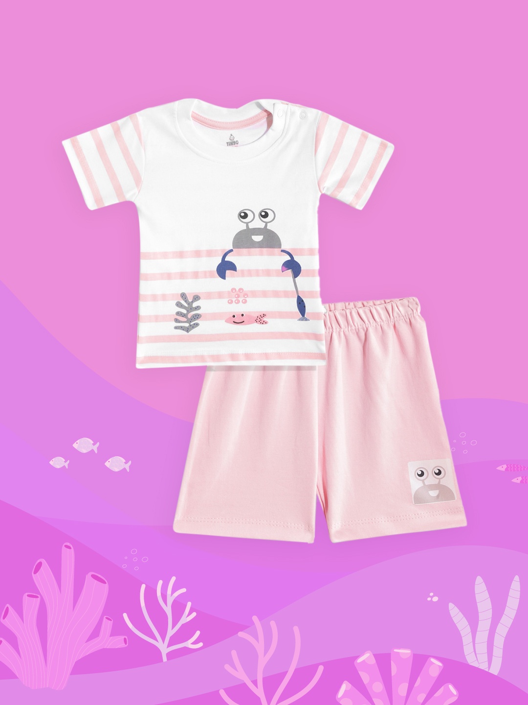 

TINYO Infant Boys White & Pink Striped Cotton T-shirt with Shorts