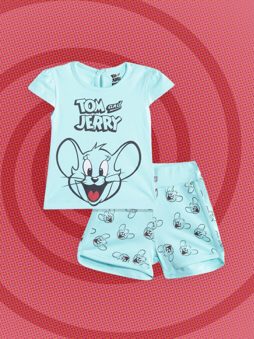 

TINYO Girls Blue & Black Pure Cotton Tom & Jerry Print Top with Shorts