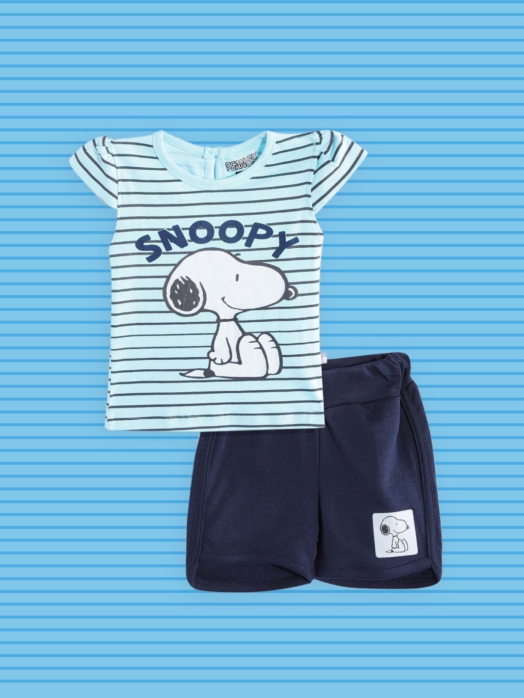 

TINYO Girls Blue & White Pure Cotton Peanuts Snoopy Print Top with Shorts