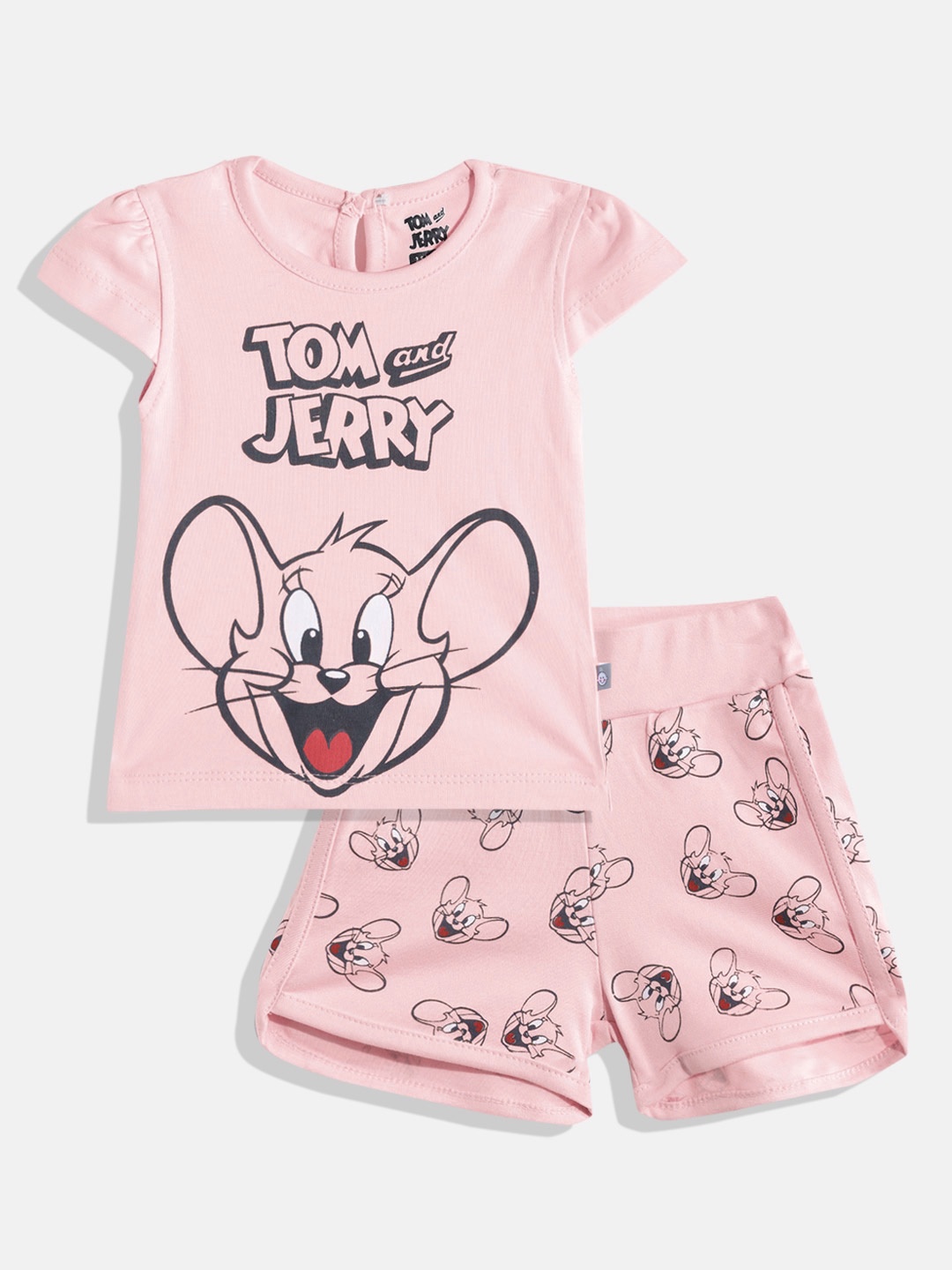 

TINYO Girls Pink & Black Pure Cotton Tom & Jerry Print Top with Shorts