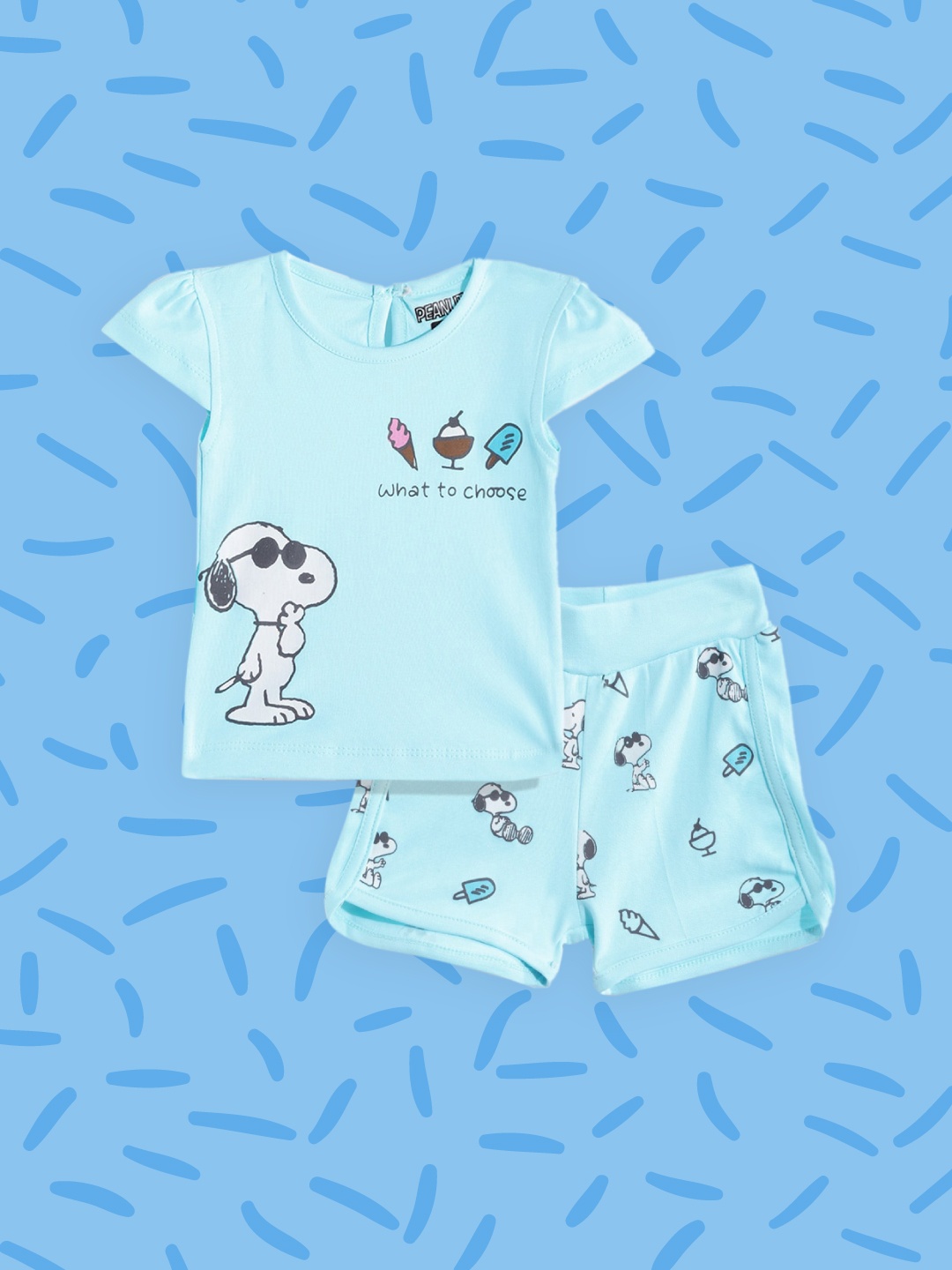 

TINYO Girls Blue & White Pure Cotton Peanuts Print Top with Shorts