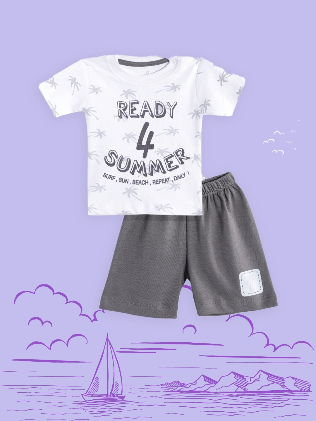 

TINYO Infant Boys White & Grey Printed T-shirt with Shorts