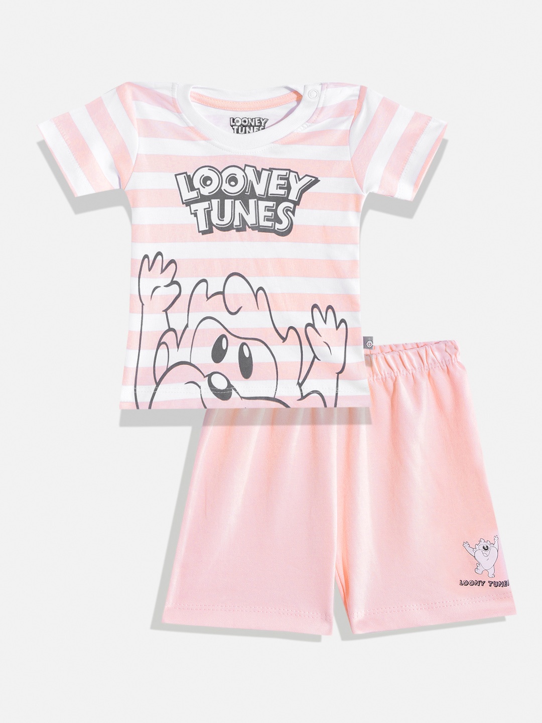 

TINYO Infant Boys White & Pink Striped Cotton T-shirt & Shorts with Printed Detail