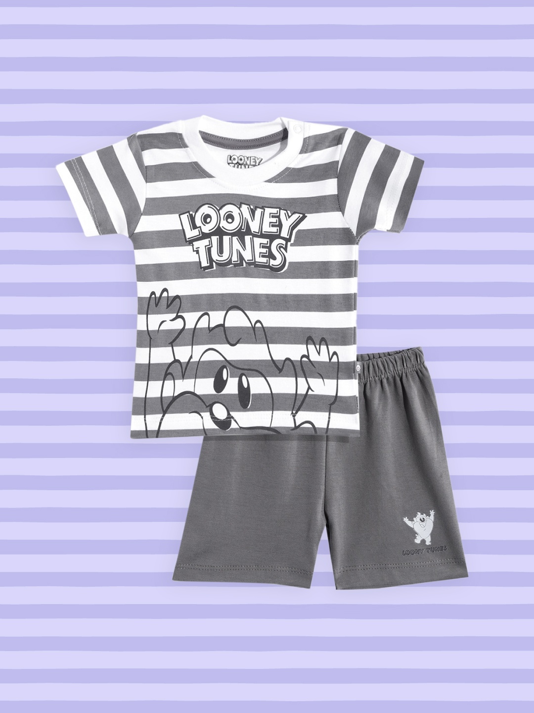 

TINYO Infant Boys White & Grey Striped Cotton T-shirt & Shorts with Printed Detail