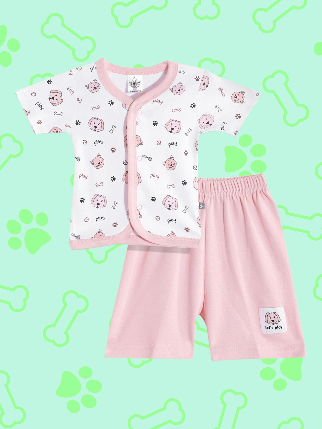 

TINYO Unisex Kids Pink & White Pure Cotton Dog Face Print T-shirt with Shorts