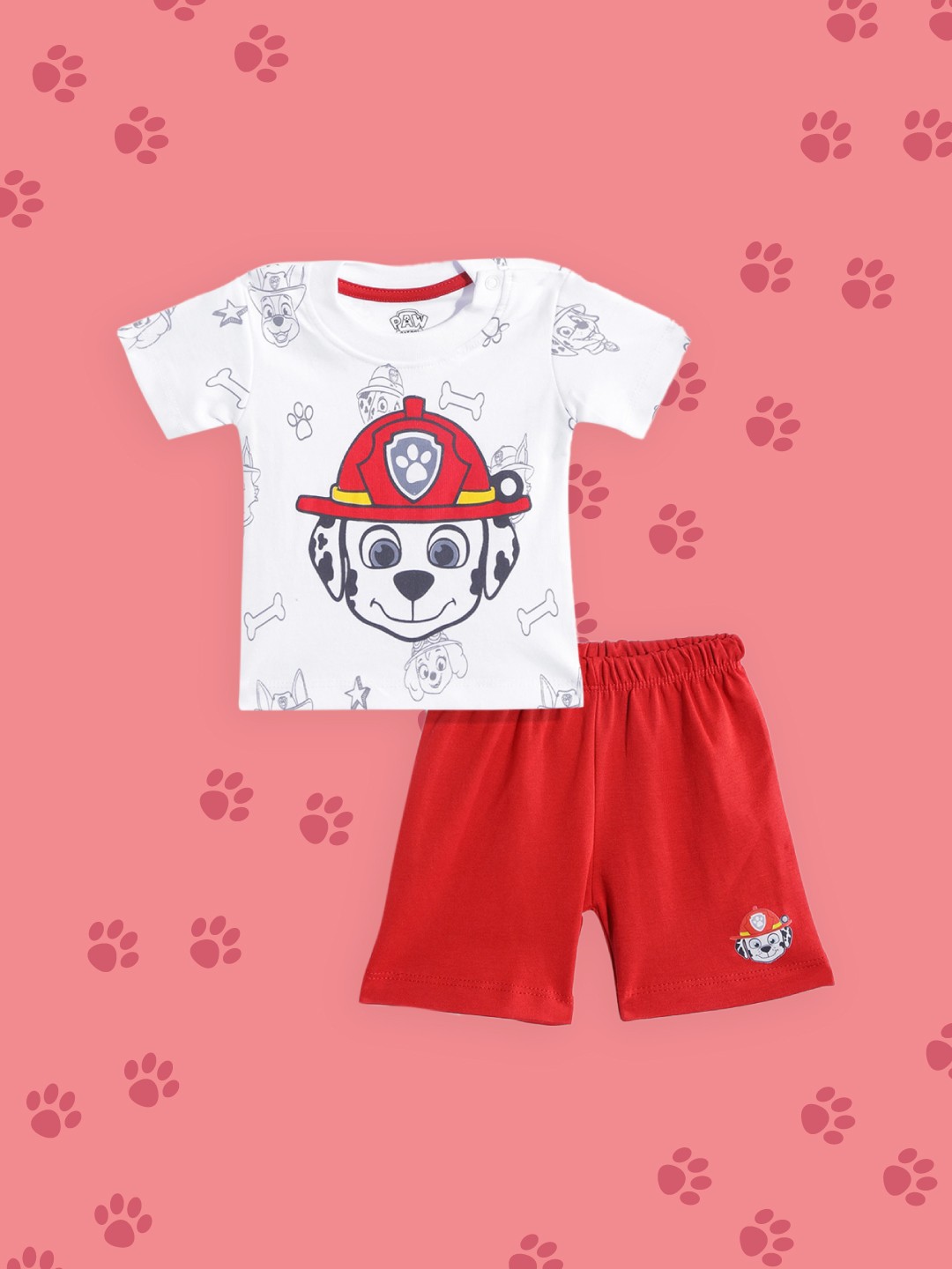 

TINYO Infant Boys White & Red Paw Patrol Printed Cotton T-shirt with Shorts