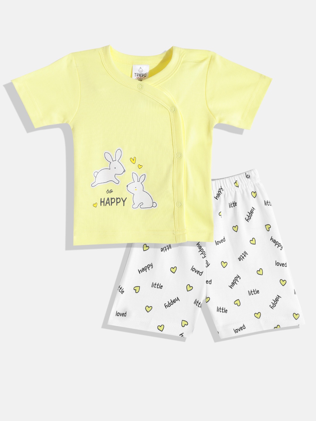 

TINYO Infant Girls Yellow & White Printed Pure Cotton T-shirt with Shorts