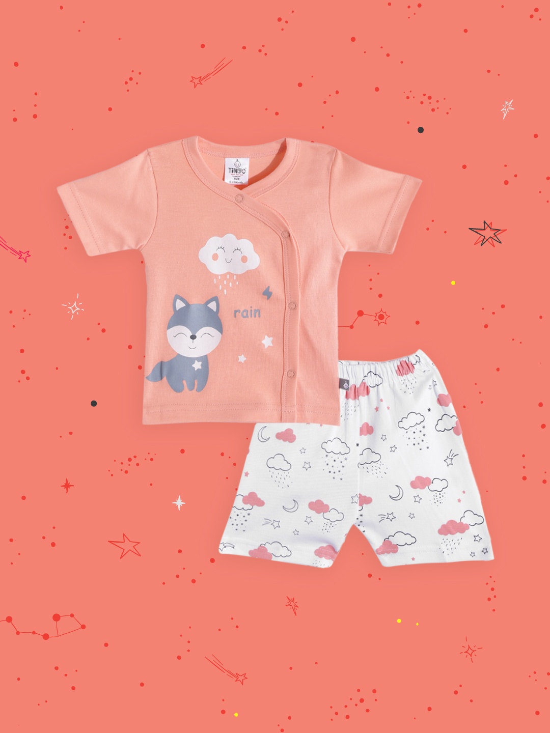 

TINYO Kids Peach-Coloured & White Pure Cotton Graphic Print T-shirt with Shorts