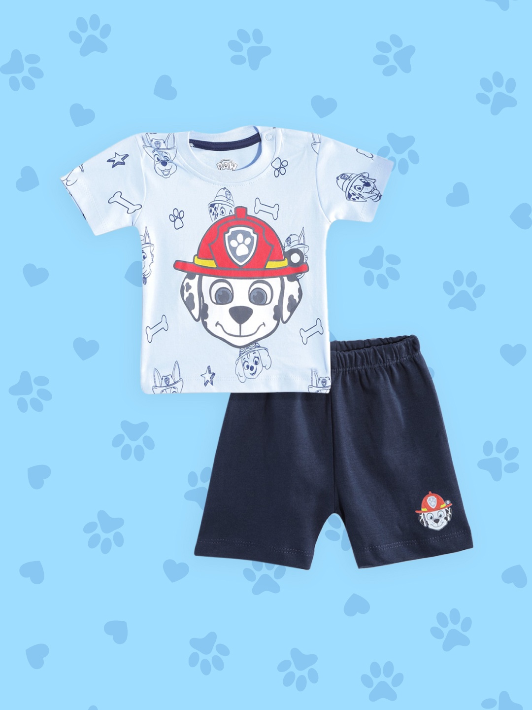 

TINYO Infant Boys Blue & White Paw Patrol Printed Cotton T-shirt with Shorts