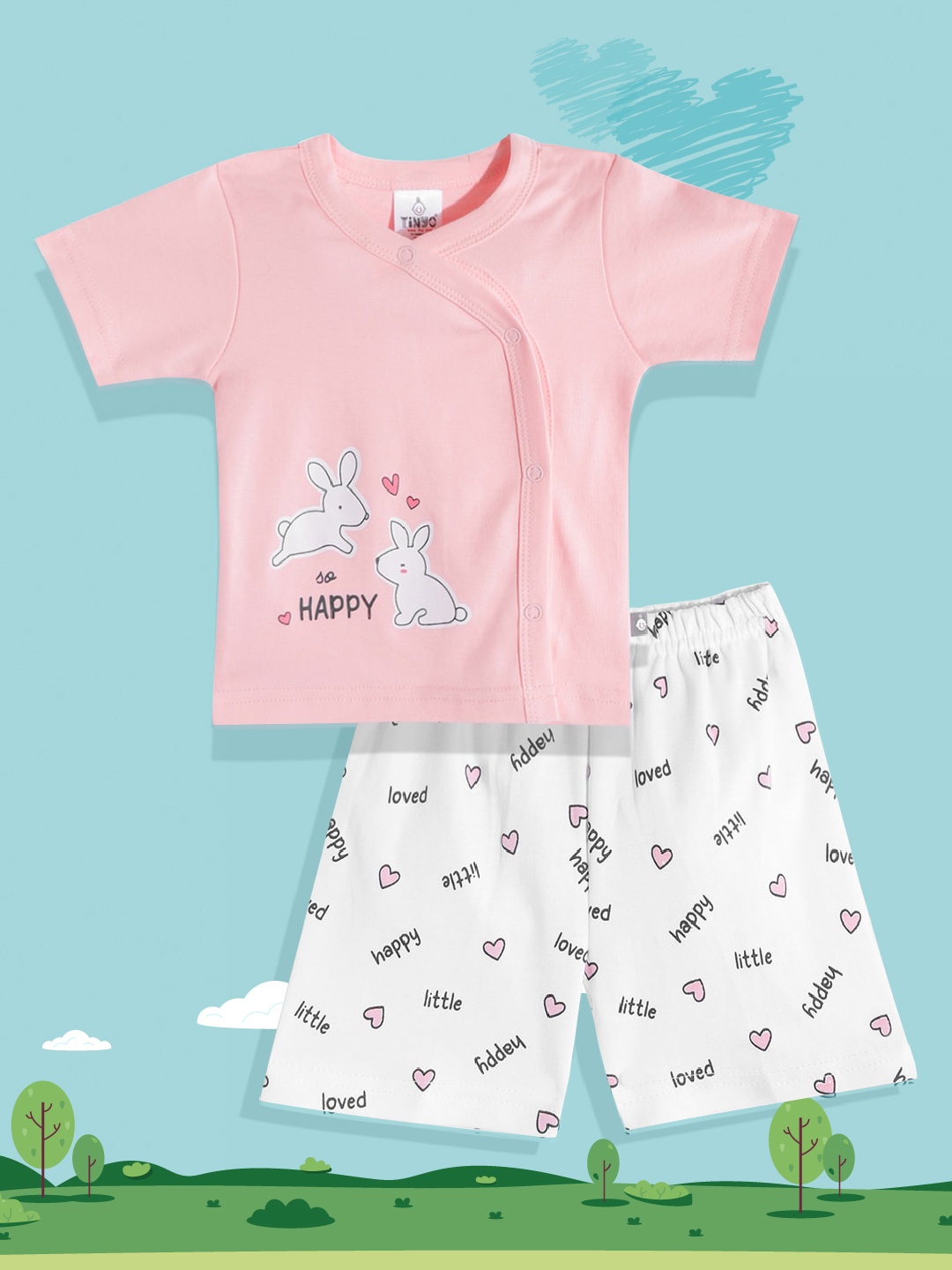 

TINYO Infant Girls Pink & White Printed Pure Cotton T-shirt with Shorts