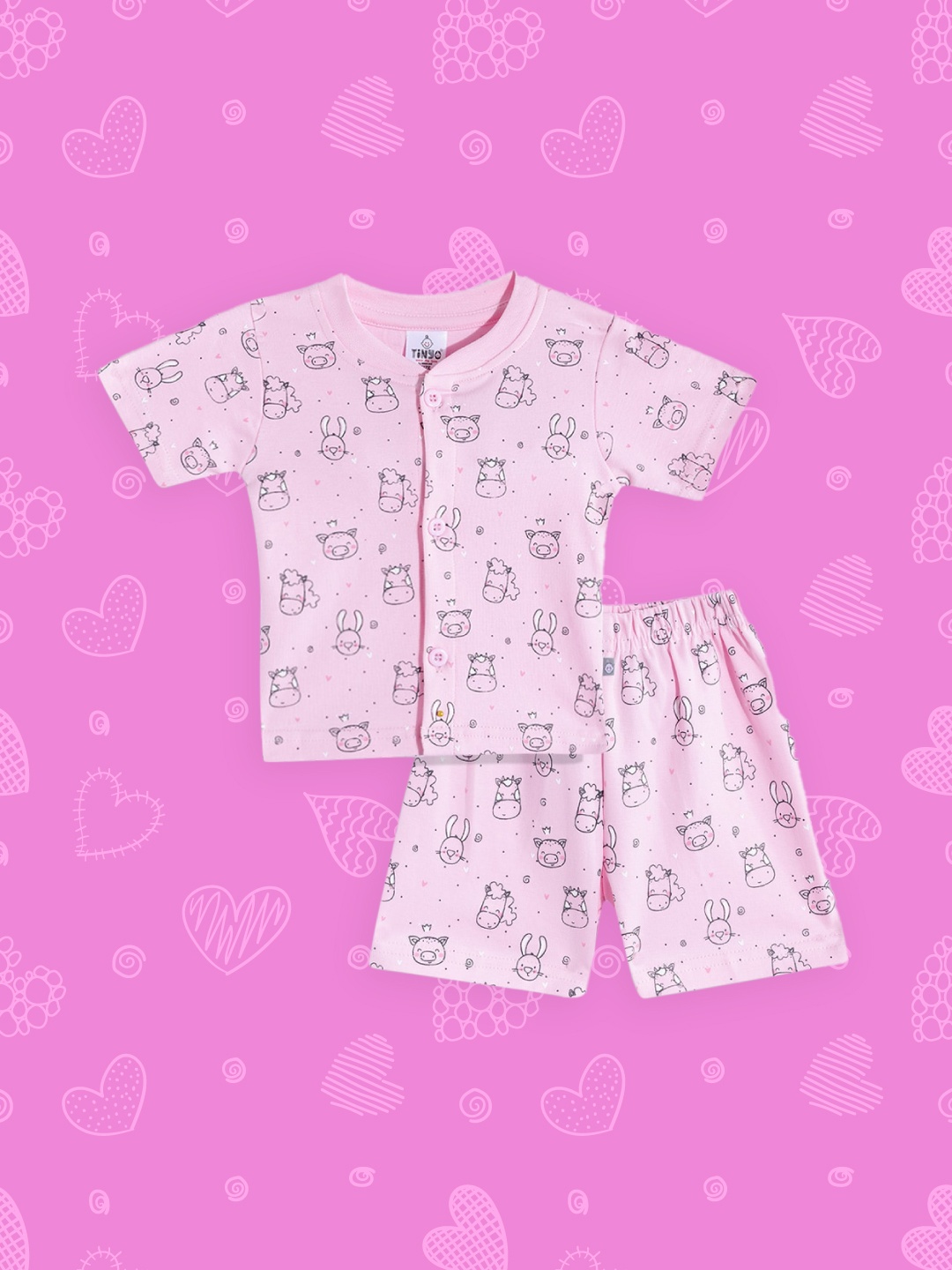 

TINYO Infant Kids Pink & Black Printed Pure Cotton T-shirt with Shorts