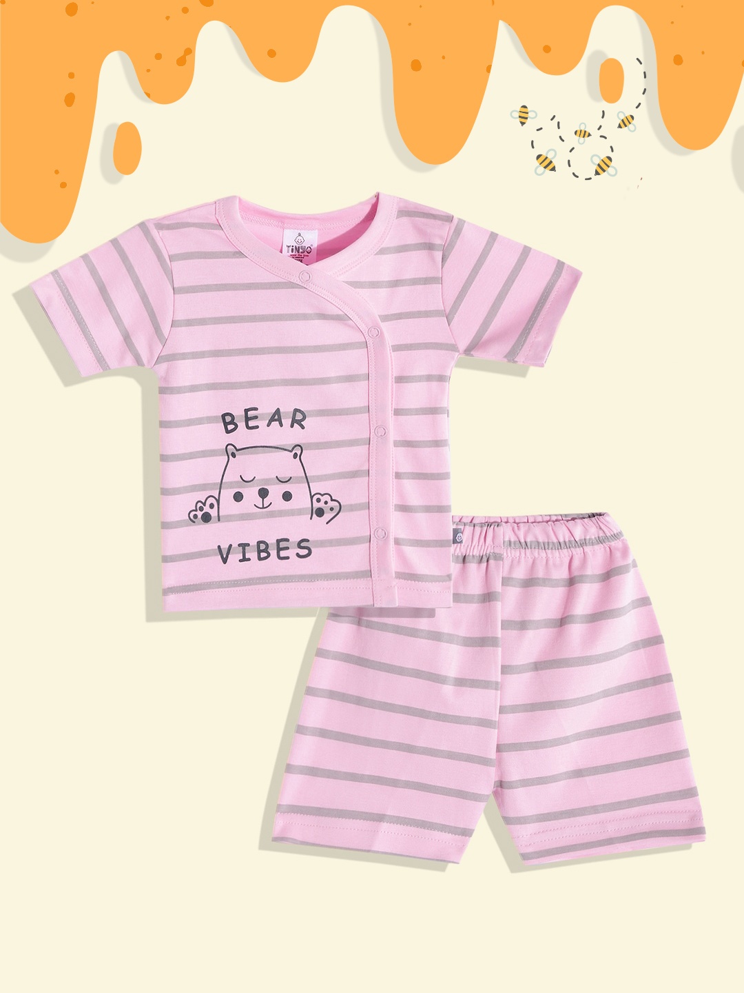 

TINYO Infant Girls Pink & Grey Striped Pure Cotton T-shirt with Shorts