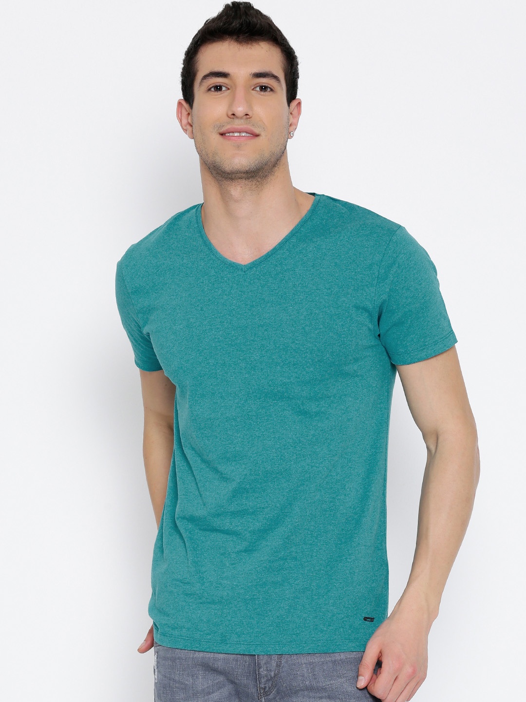 

Jack & Jones Men Turquoise Blue Solid V-Neck T-shirt