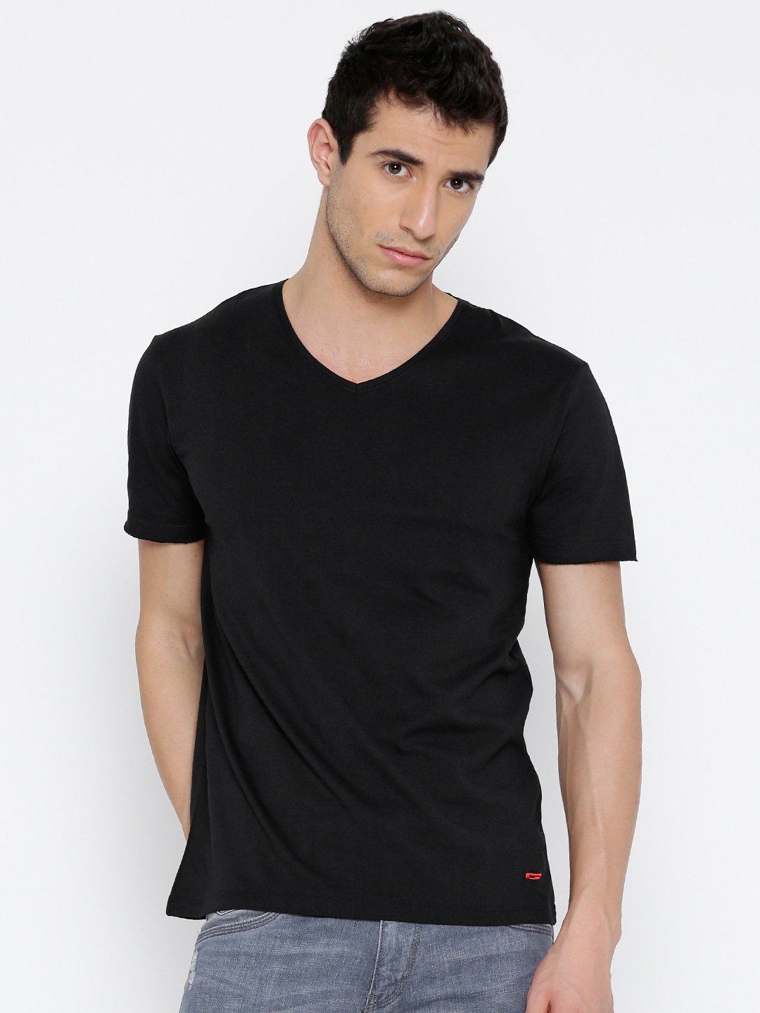 

Jack & Jones Men Black Solid V-Neck T-shirt