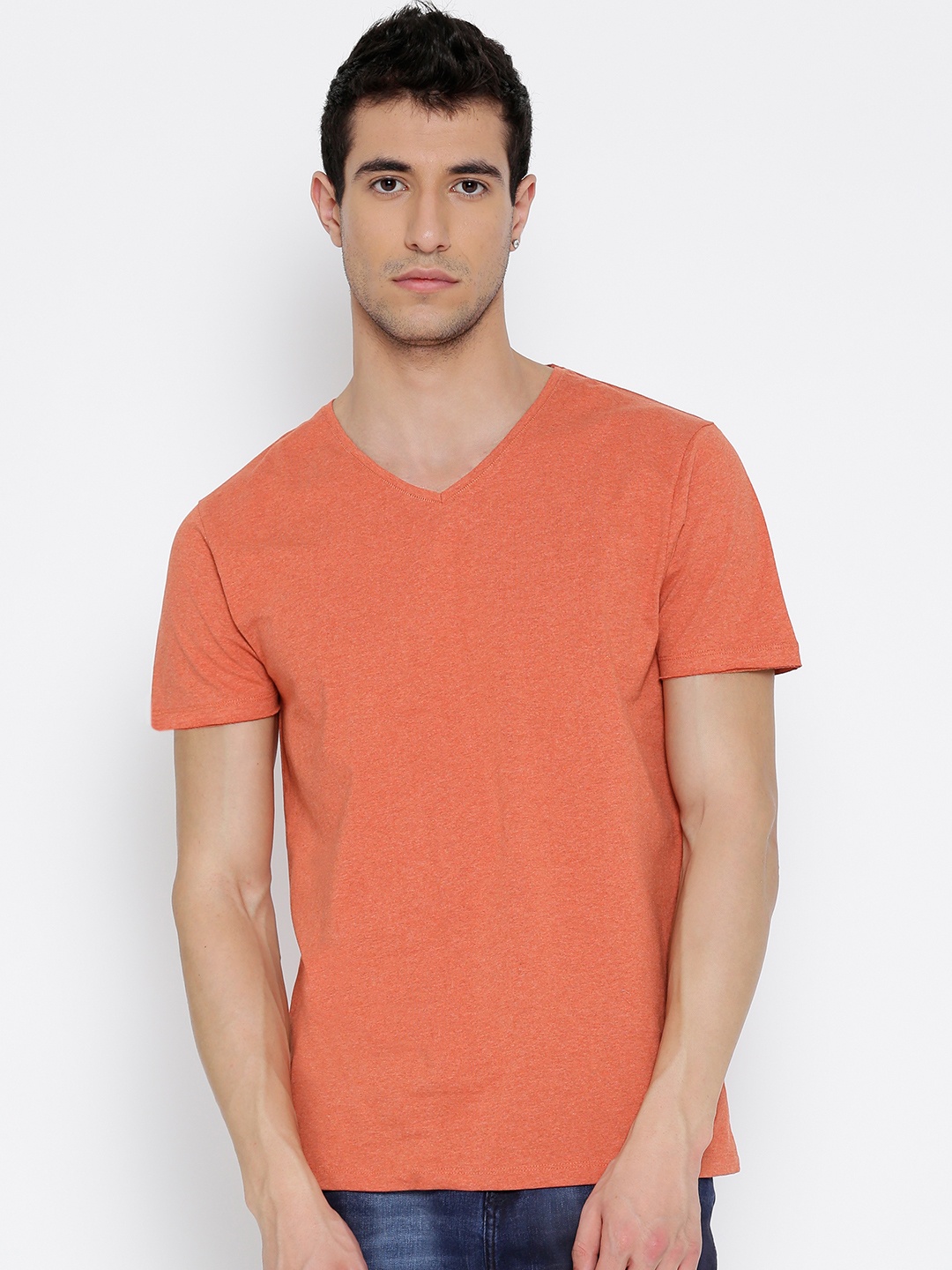 

Jack & Jones Men Orange Solid V-Neck T-shirt