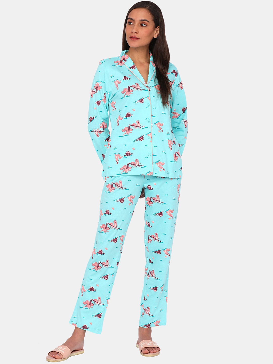 

Zivame Women Blue & Pink Pure Cotton Printed Night suit