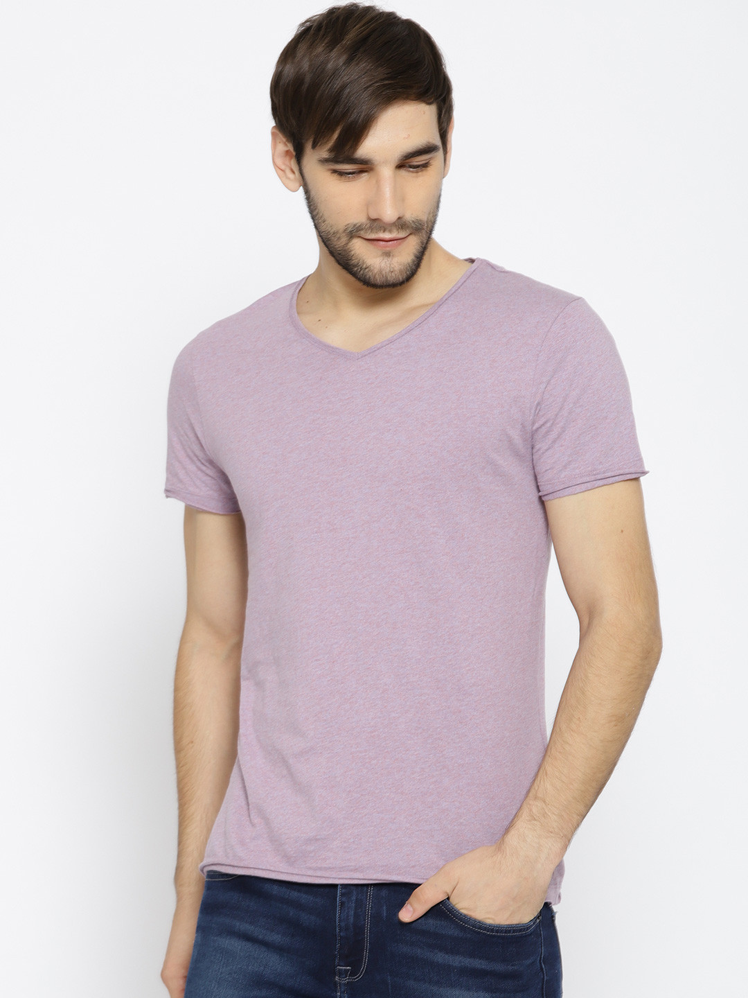 

Jack & Jones Men Lavender Solid V-Neck T-shirt